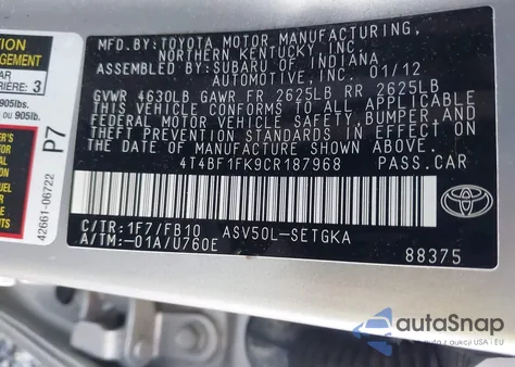2012 Toyota Camry Xle z USA, uszkodzony, nr VIN 4T4BF1FK9CR187968